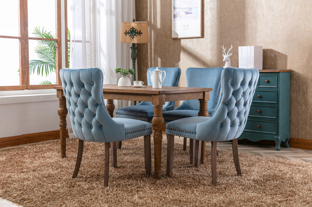 2 pcs High-End Wing Back Tufted Modern Contemporary Velvet Chair with Wooden Legs- Light Blue_5