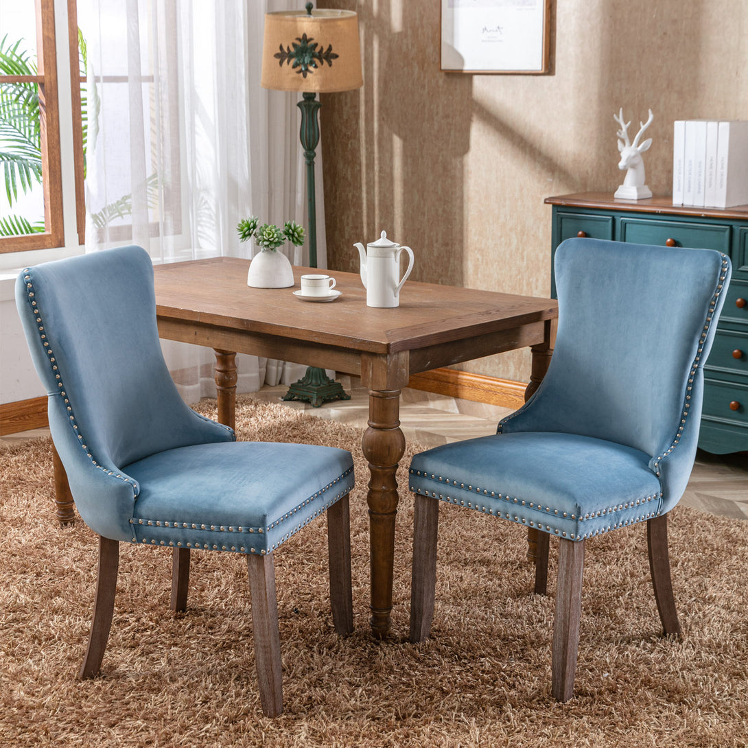 2 pcs High-End Wing Back Tufted Modern Contemporary Velvet Chair with Wooden Legs- Light Blue_2