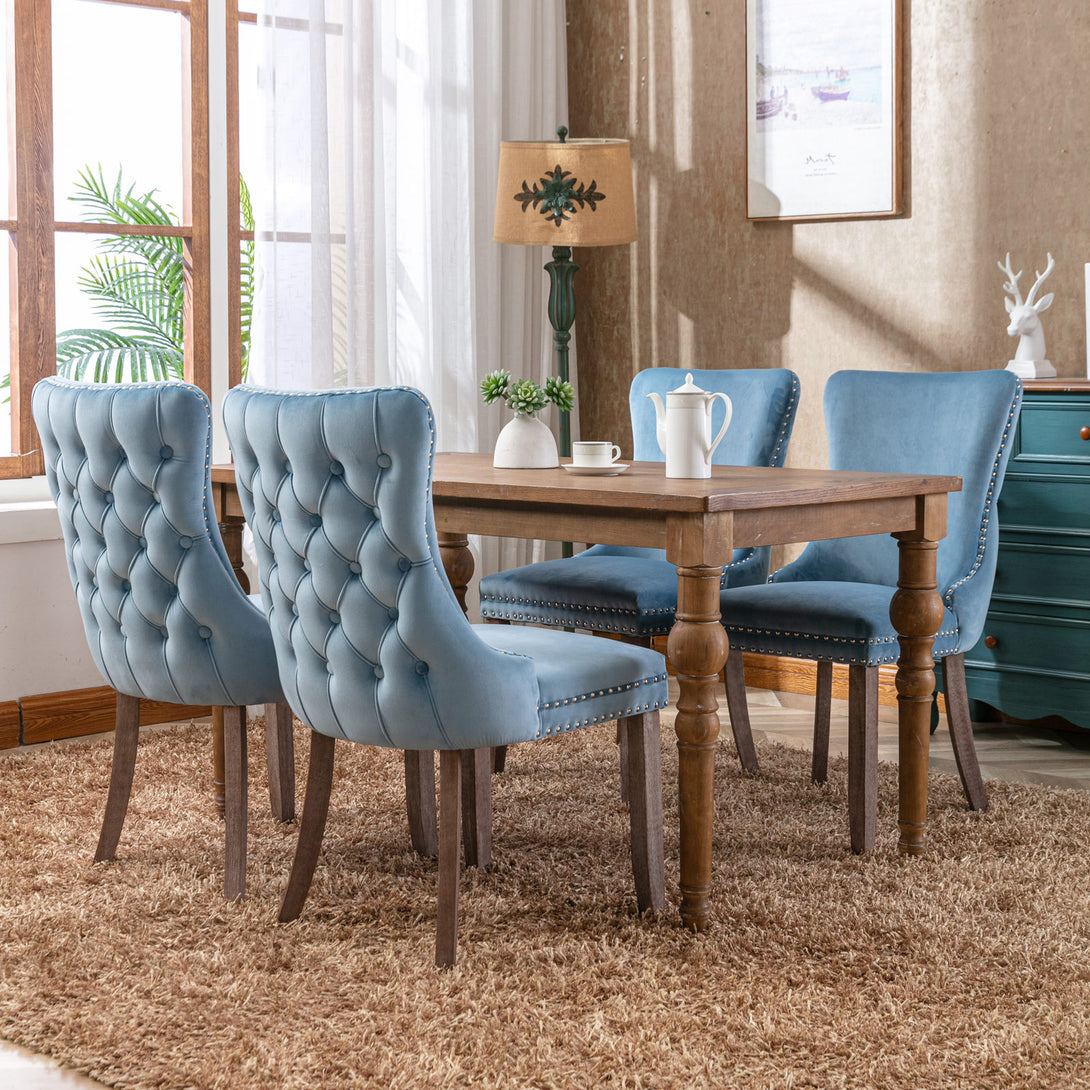 2 pcs High-End Wing Back Tufted Modern Contemporary Velvet Chair with Wooden Legs- Light Blue_3