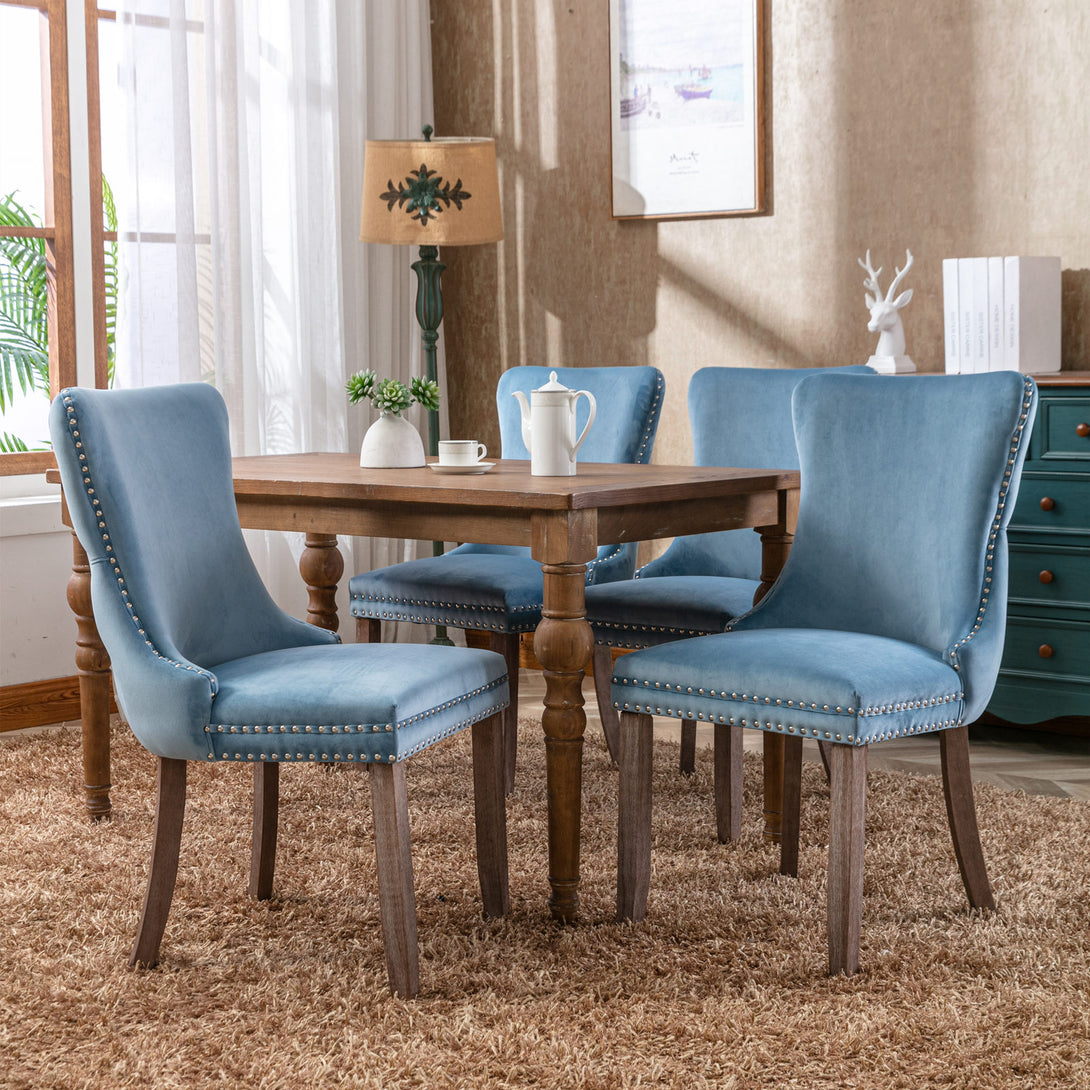 2 pcs High-End Wing Back Tufted Modern Contemporary Velvet Chair with Wooden Legs- Light Blue_4