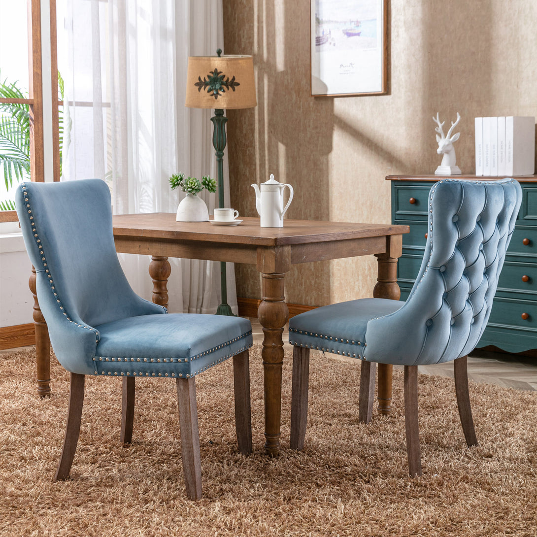 2 pcs High-End Wing Back Tufted Modern Contemporary Velvet Chair with Wooden Legs- Light Blue_1