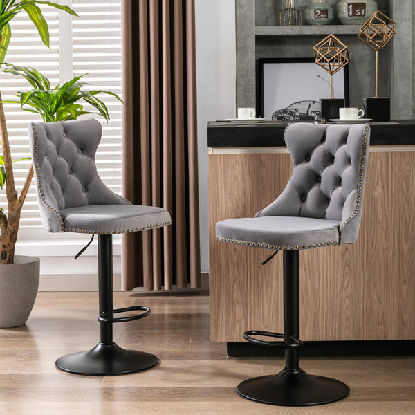 Set of 2 Modern Upholstered Tufted Velvet Armless Bar Stools with Back Rest- Grey_0