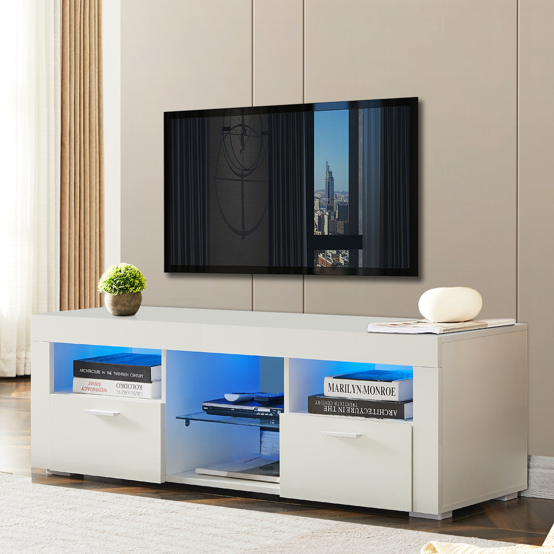 Modern TV Console Storage Media TV High Gloss Organizing Cabinet with LED Light- White_2