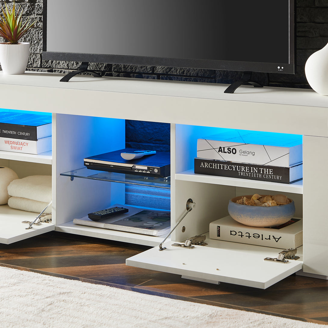 Modern TV Console Storage Media TV High Gloss Organizing Cabinet with LED Light- White_6