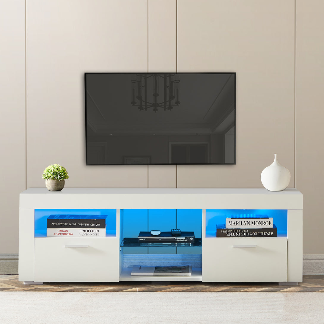 Modern TV Console Storage Media TV High Gloss Organizing Cabinet with LED Light- White_1