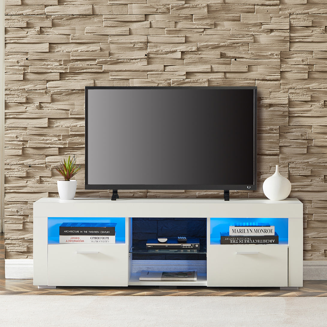 Modern TV Console Storage Media TV High Gloss Organizing Cabinet with LED Light- White_3