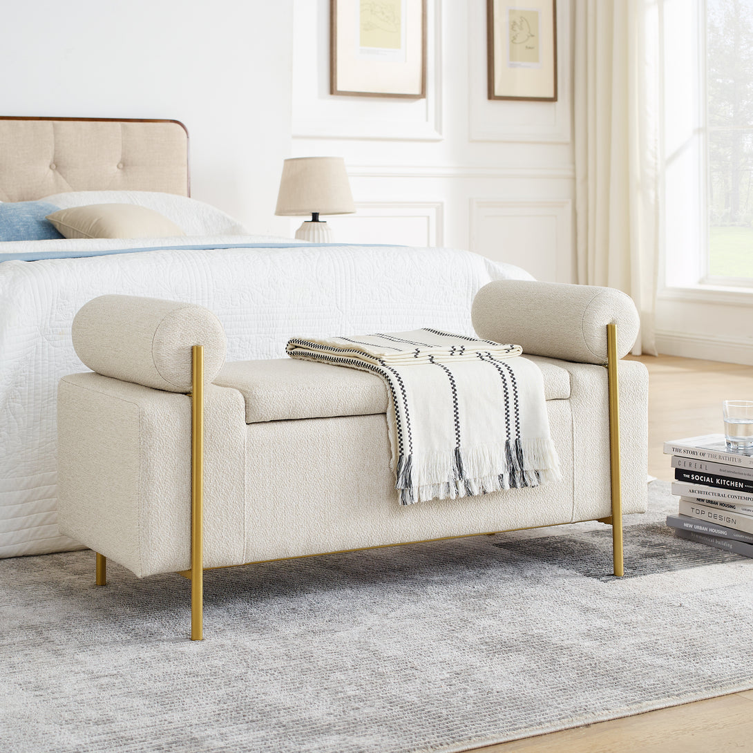 Elegant Upholstered Linen Storage Bench with Cylindrical Arms and Iron Legs- Beige_1