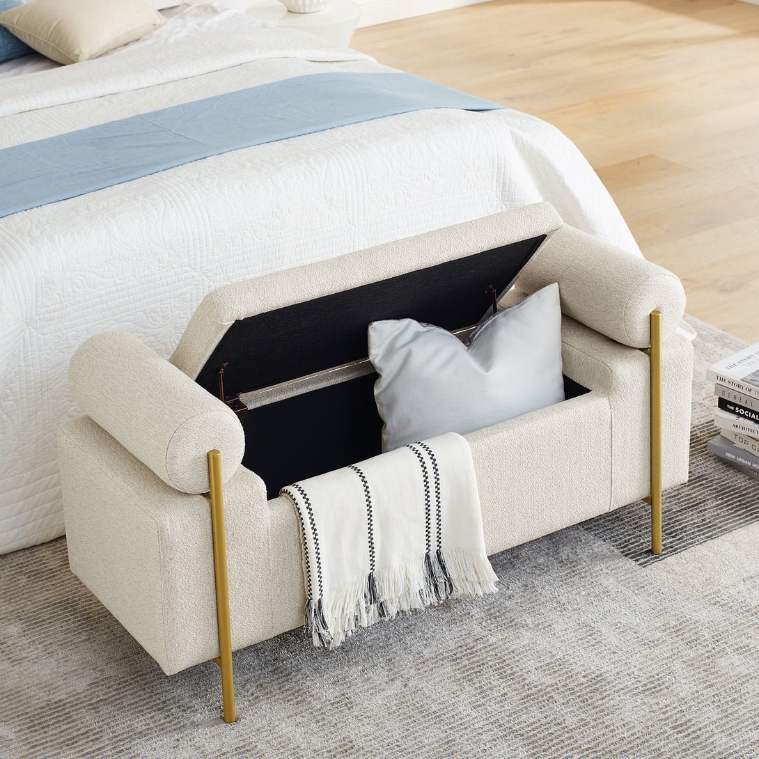 Elegant Upholstered Linen Storage Bench with Cylindrical Arms and Iron Legs- Beige_4