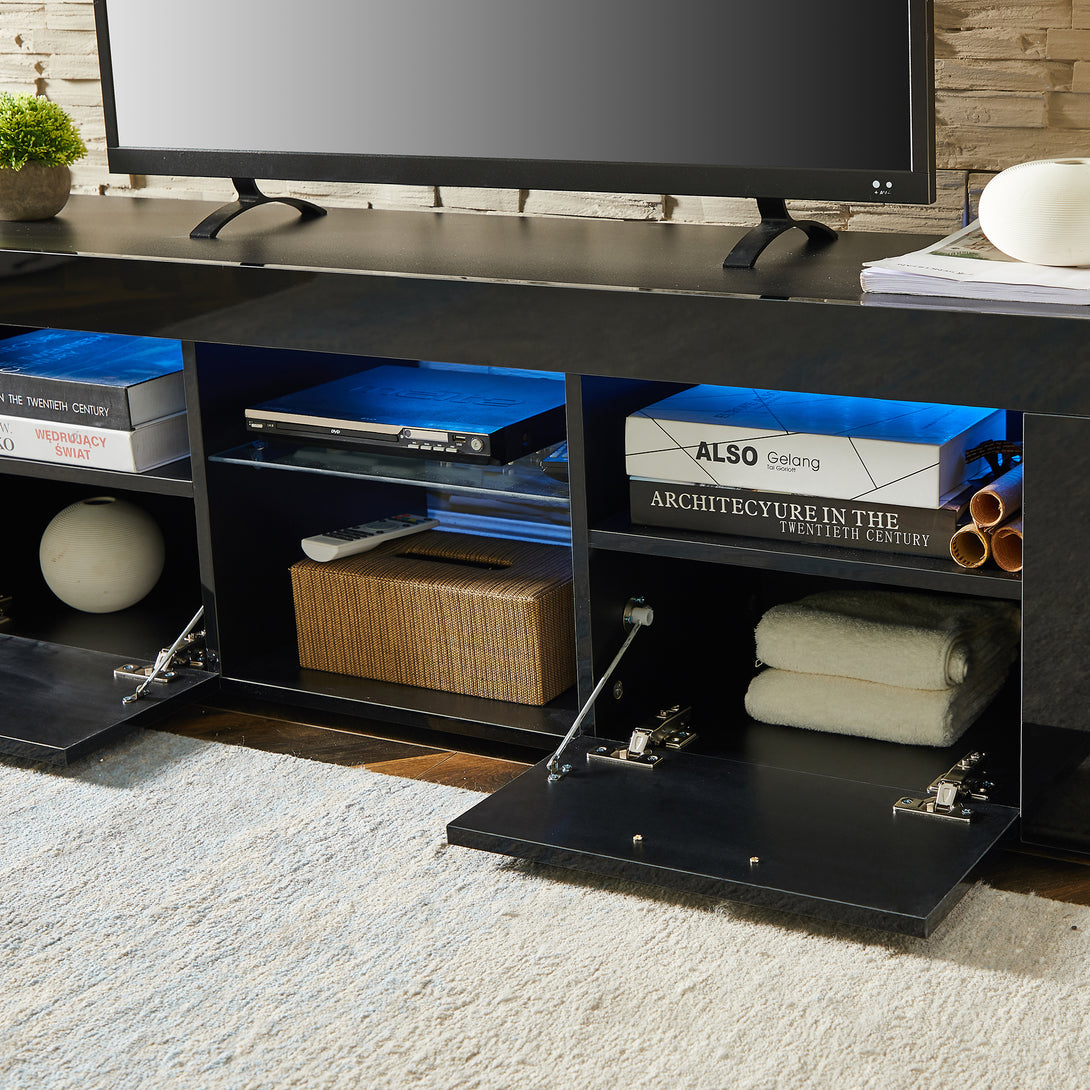 Modern TV Console Storage Media TV High Gloss Organizing Cabinet with LED Light- Black_10