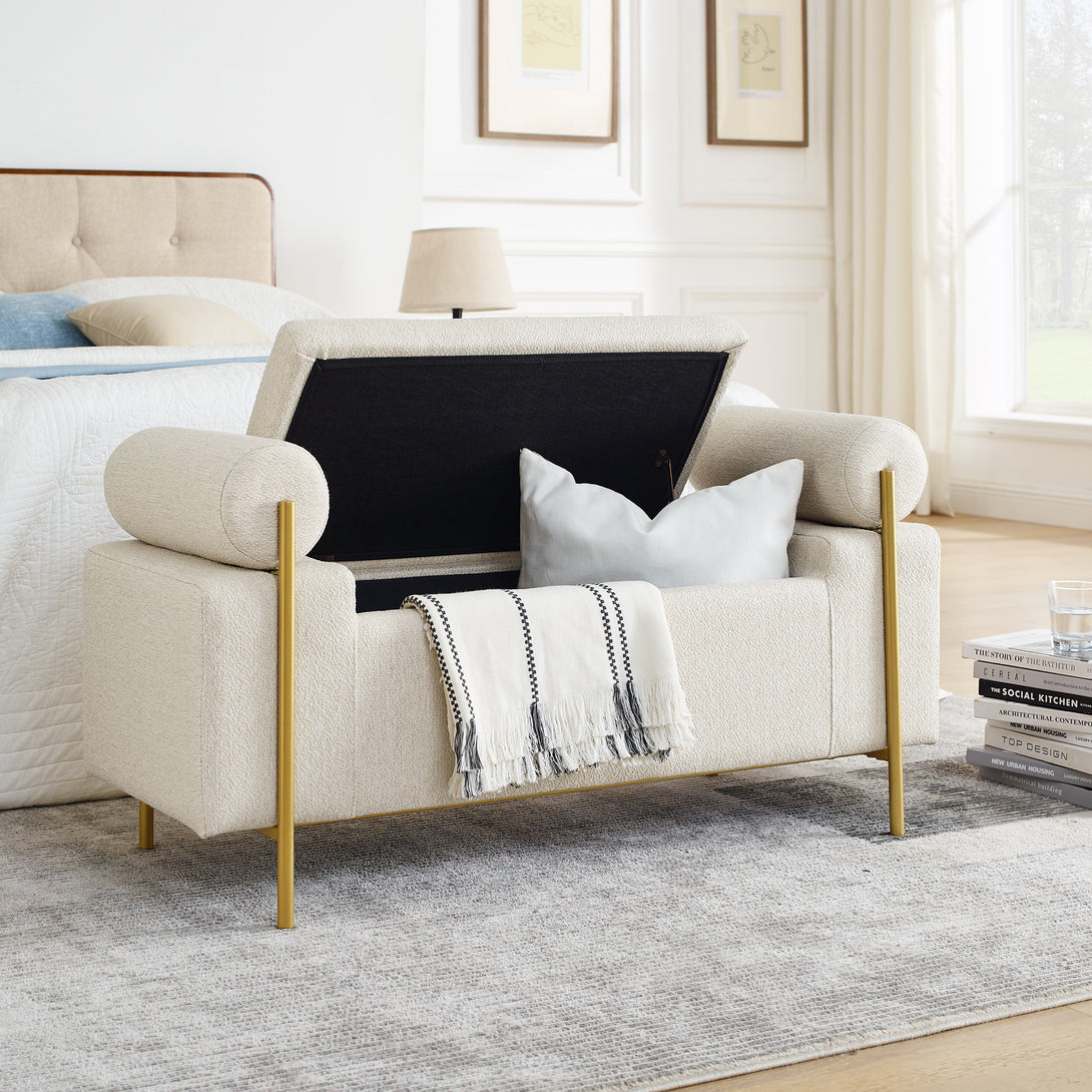 Elegant Upholstered Linen Storage Bench with Cylindrical Arms and Iron Legs- Beige_2