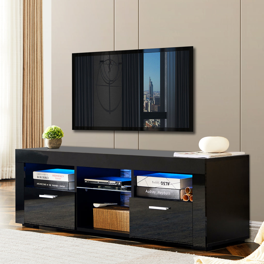 Modern TV Console Storage Media TV High Gloss Organizing Cabinet with LED Light- Black_2