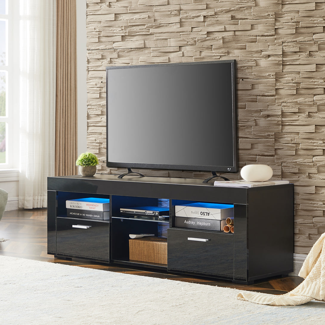 Modern TV Console Storage Media TV High Gloss Organizing Cabinet with LED Light- Black_4