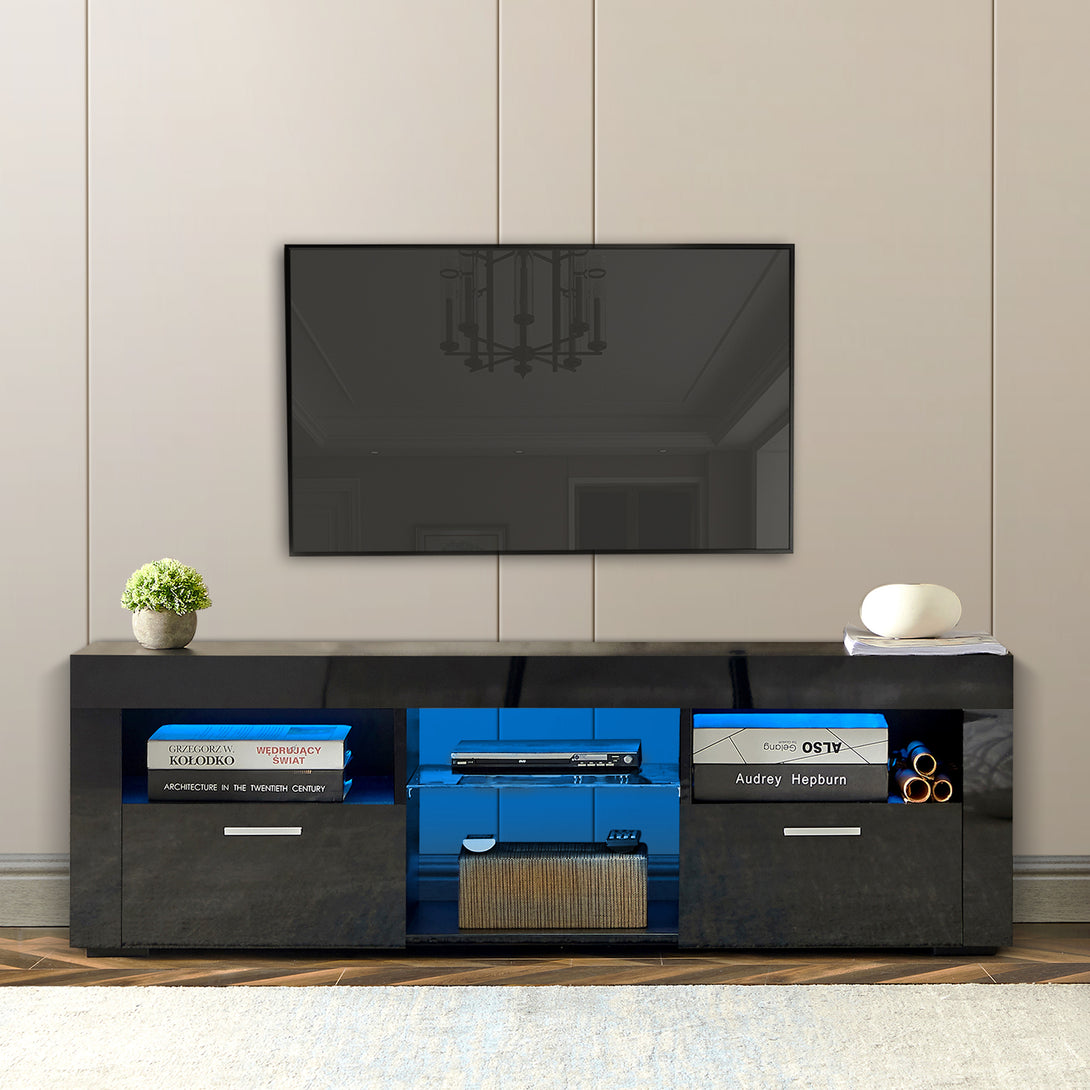 Modern TV Console Storage Media TV High Gloss Organizing Cabinet with LED Light- Black_1