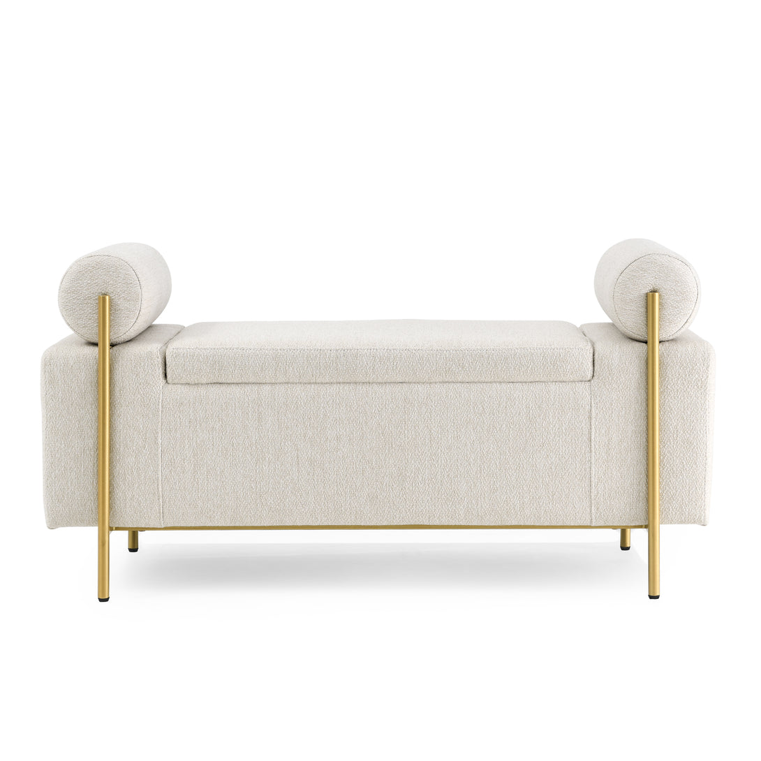 Elegant Upholstered Linen Storage Bench with Cylindrical Arms and Iron Legs- Beige_12