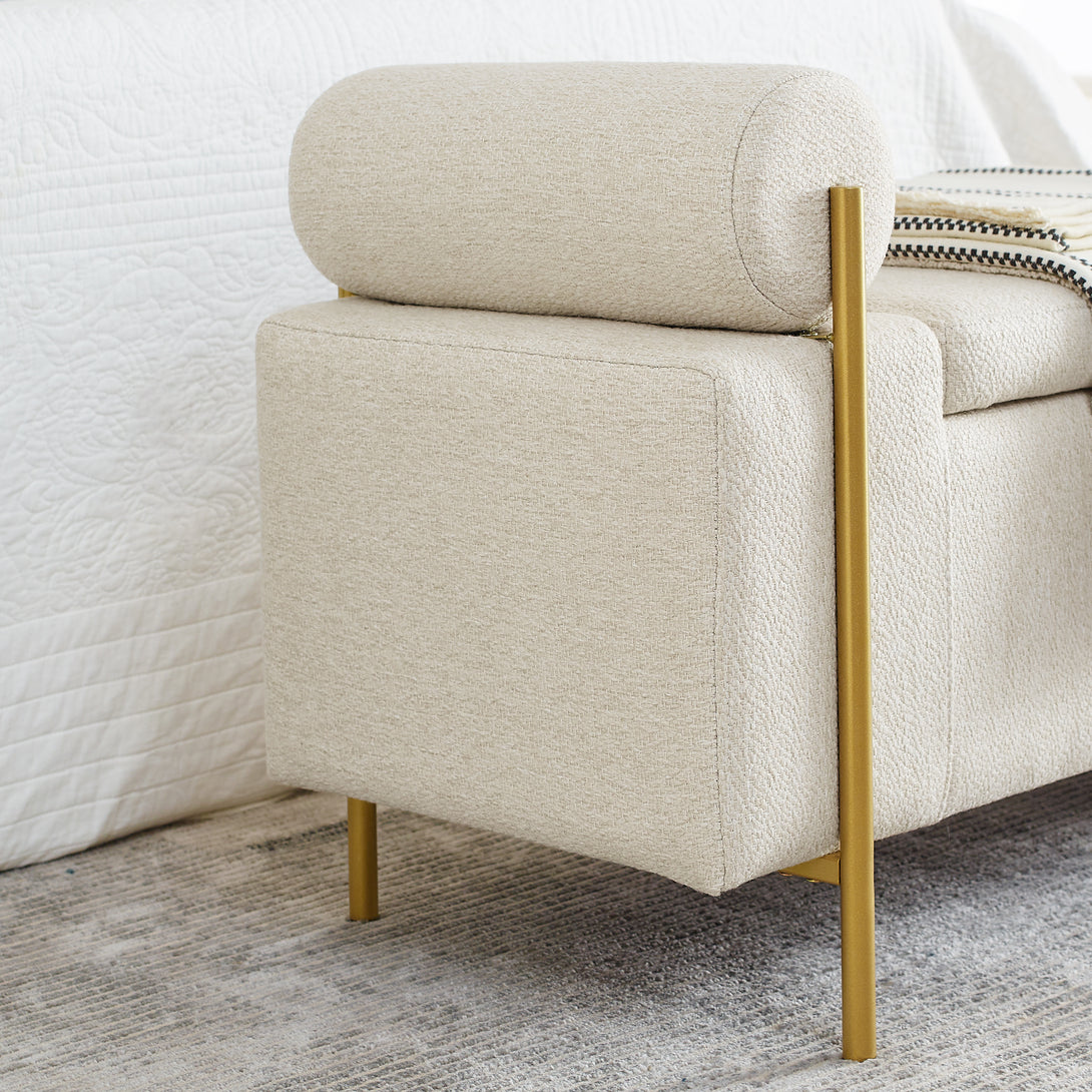 Elegant Upholstered Linen Storage Bench with Cylindrical Arms and Iron Legs- Beige_6