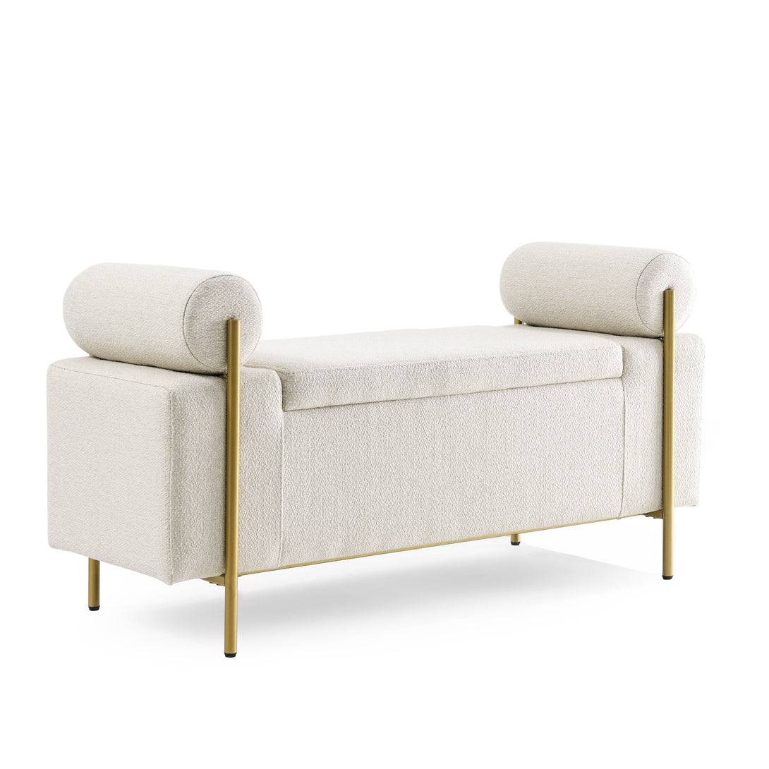 Elegant Upholstered Linen Storage Bench with Cylindrical Arms and Iron Legs- Beige_11