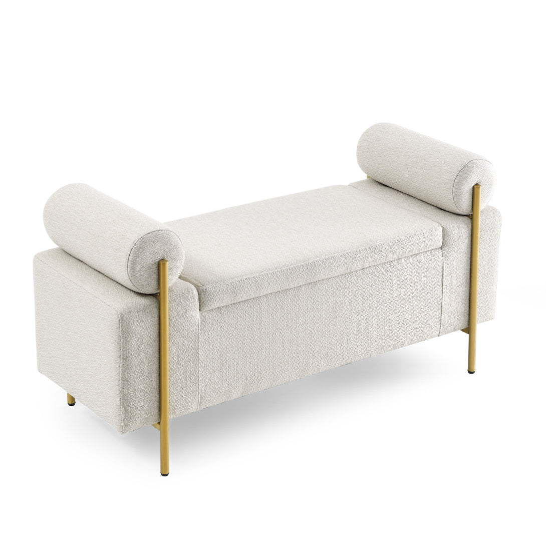 Elegant Upholstered Linen Storage Bench with Cylindrical Arms and Iron Legs- Beige_10