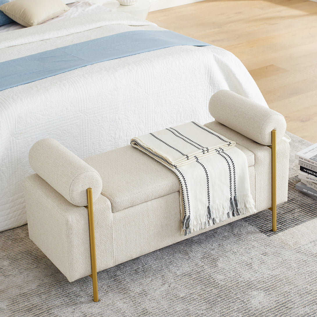 Elegant Upholstered Linen Storage Bench with Cylindrical Arms and Iron Legs- Beige_5