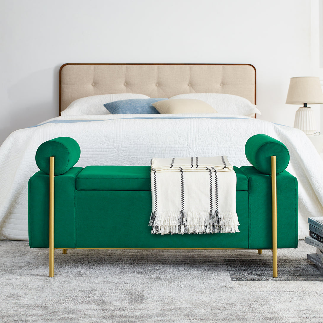 Elegant Upholstered Linen Storage Bench with Cylindrical Arms and Iron Legs- Green_3