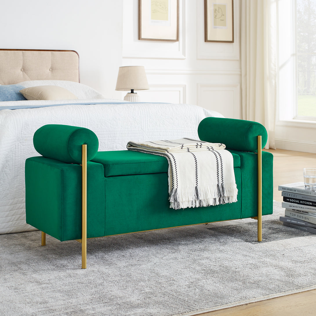 Elegant Upholstered Linen Storage Bench with Cylindrical Arms and Iron Legs- Green_1