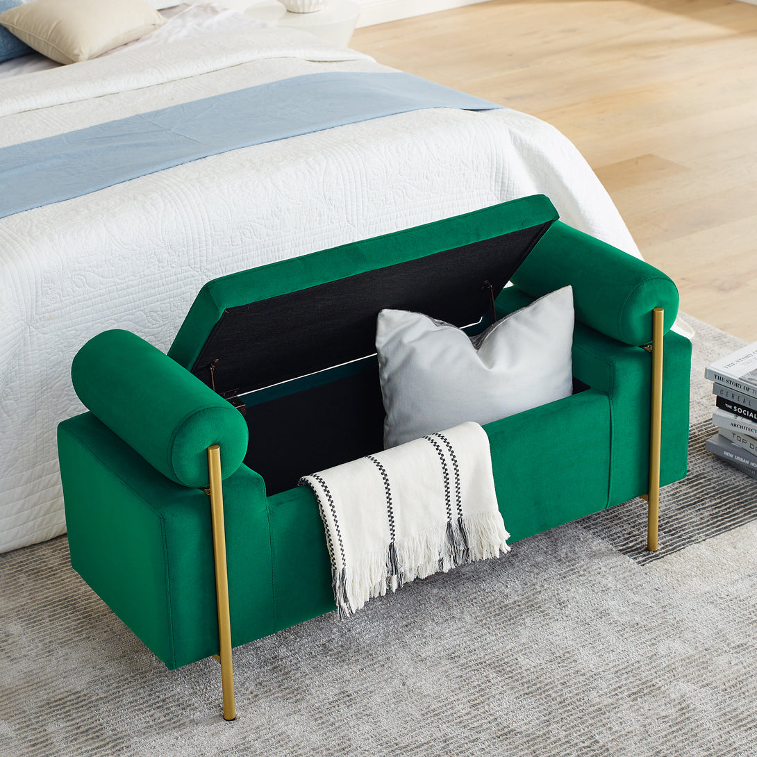 Elegant Upholstered Linen Storage Bench with Cylindrical Arms and Iron Legs- Green_2