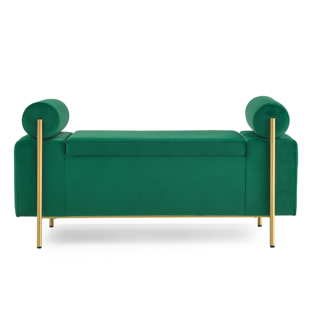 Elegant Upholstered Linen Storage Bench with Cylindrical Arms and Iron Legs- Green_10