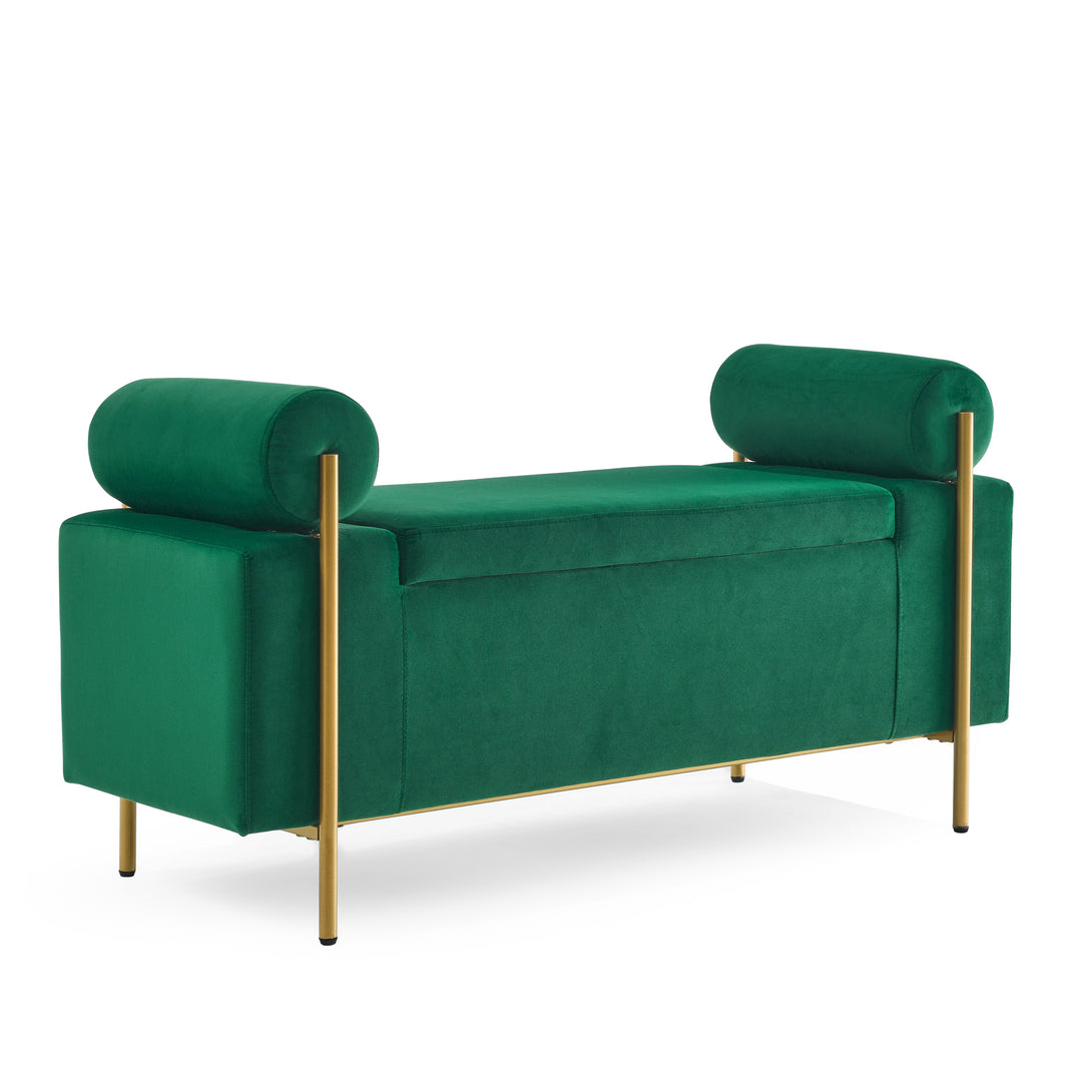 Elegant Upholstered Linen Storage Bench with Cylindrical Arms and Iron Legs- Green_12