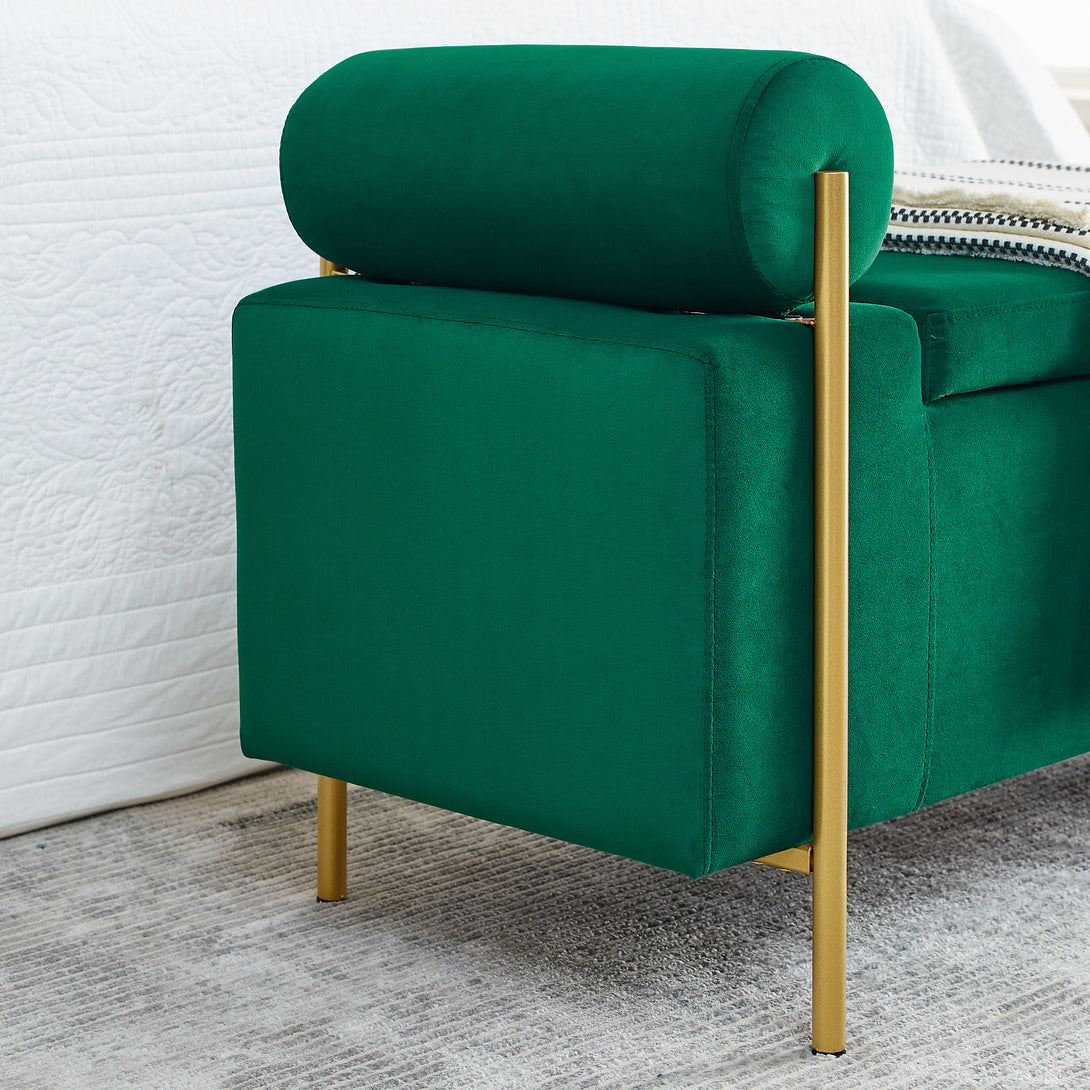 Elegant Upholstered Linen Storage Bench with Cylindrical Arms and Iron Legs- Green_9