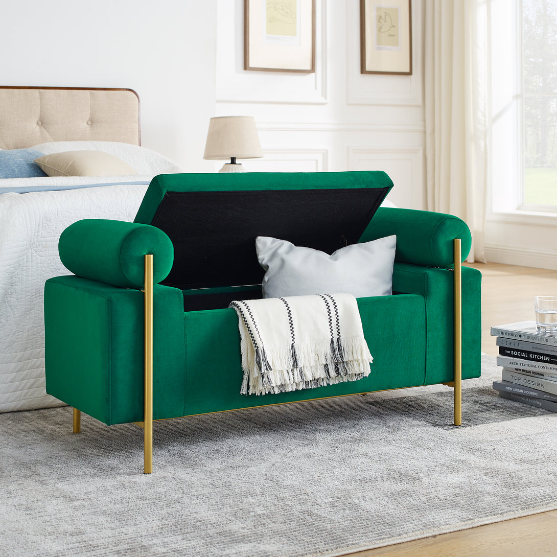 Elegant Upholstered Linen Storage Bench with Cylindrical Arms and Iron Legs- Green_5