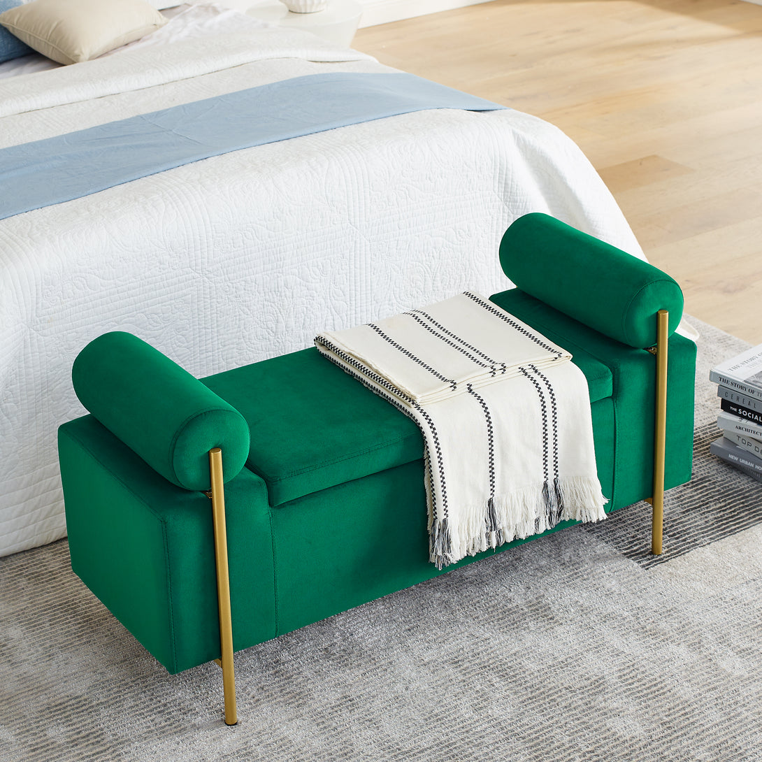 Elegant Upholstered Linen Storage Bench with Cylindrical Arms and Iron Legs- Green_4