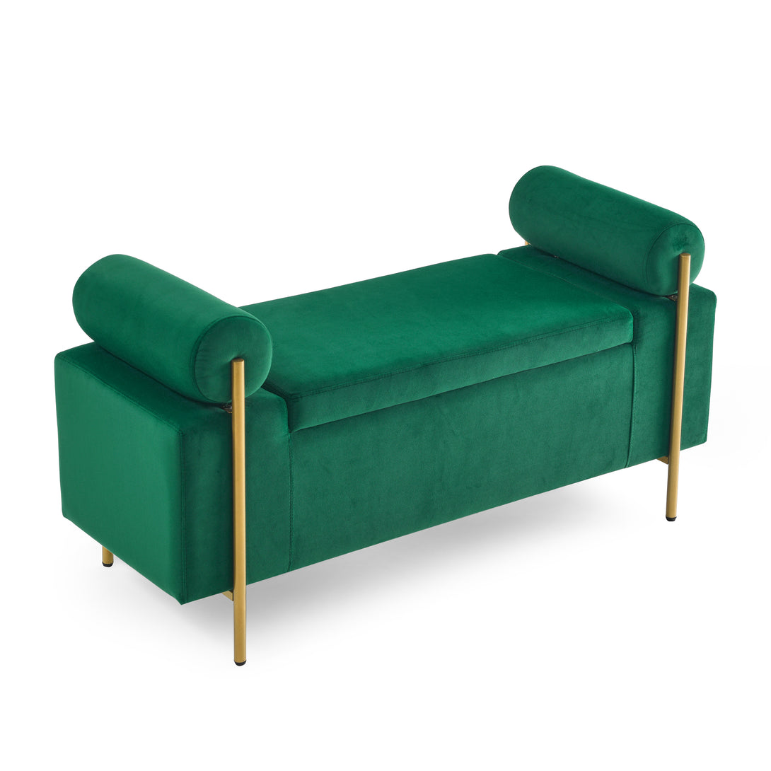 Elegant Upholstered Linen Storage Bench with Cylindrical Arms and Iron Legs- Green_11