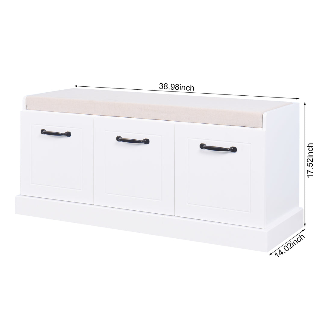 Wooden Entryway Shoe Cabinet Living Room Storage Bench with White Cushion_2