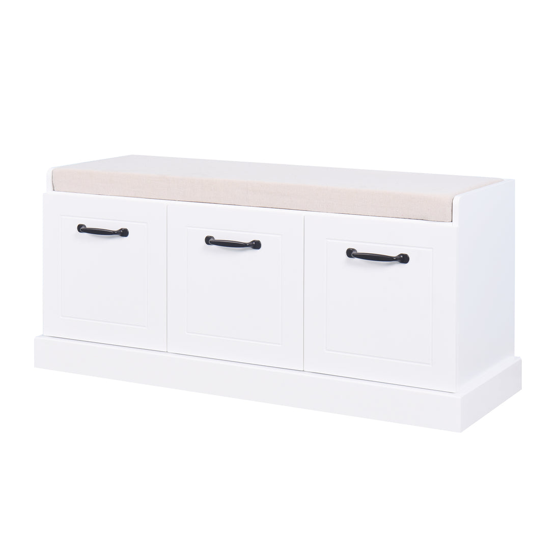 Wooden Entryway Shoe Cabinet Living Room Storage Bench with White Cushion_1