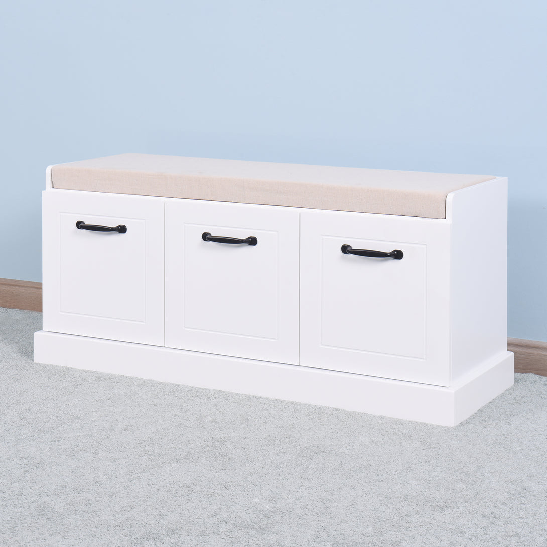 Wooden Entryway Shoe Cabinet Living Room Storage Bench with White Cushion_6