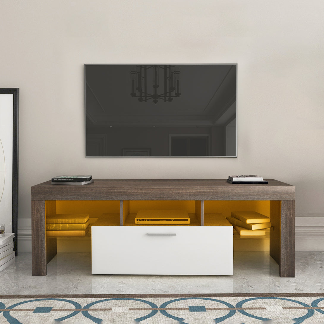 Easy and Quick Assembly Modern TV Stand with Toughened Glass Shelf- Brown+White_1