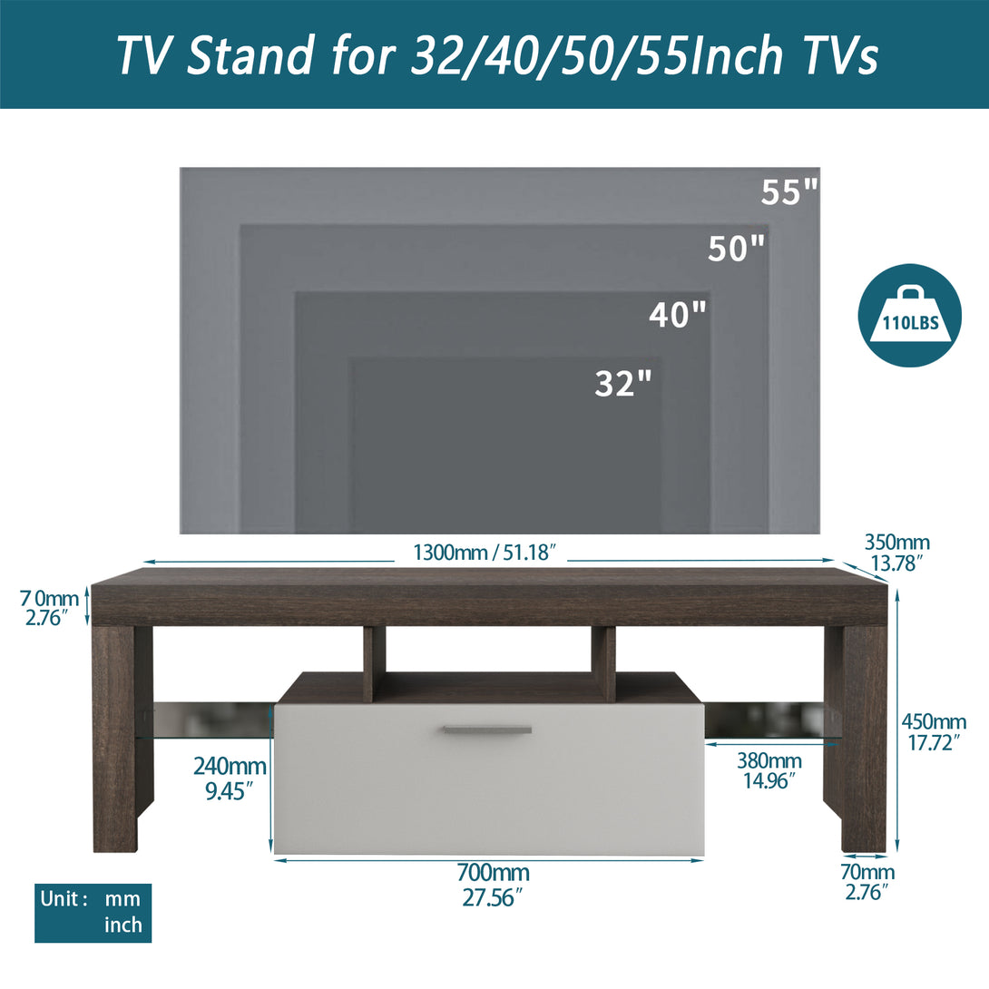 Easy and Quick Assembly Modern TV Stand with Toughened Glass Shelf- Brown+White_3