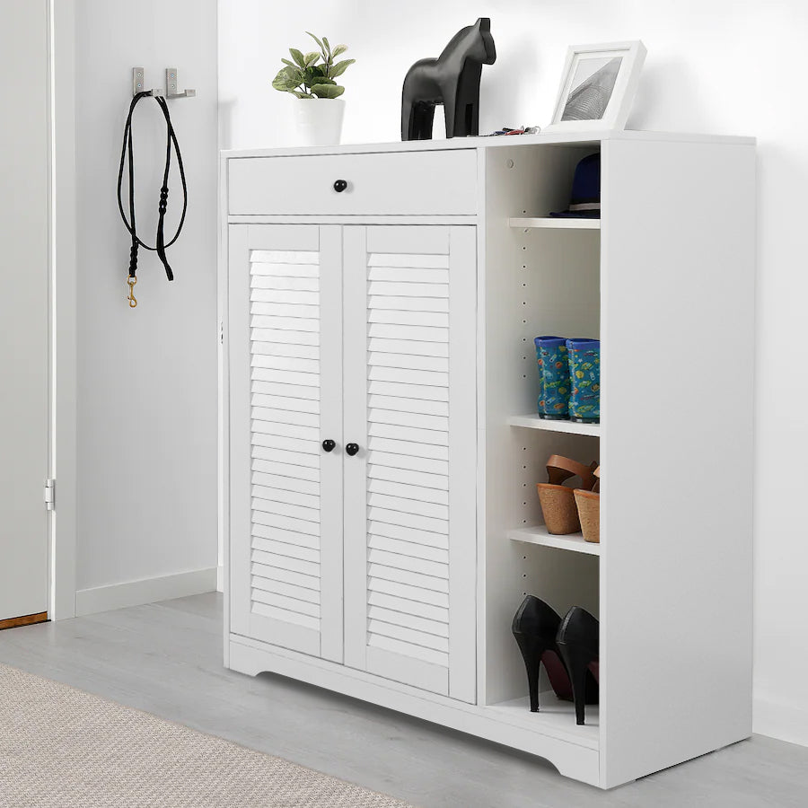 Freestanding Shoe Rack with 2 Shutter Door Narrow Shoe Storage- White_0