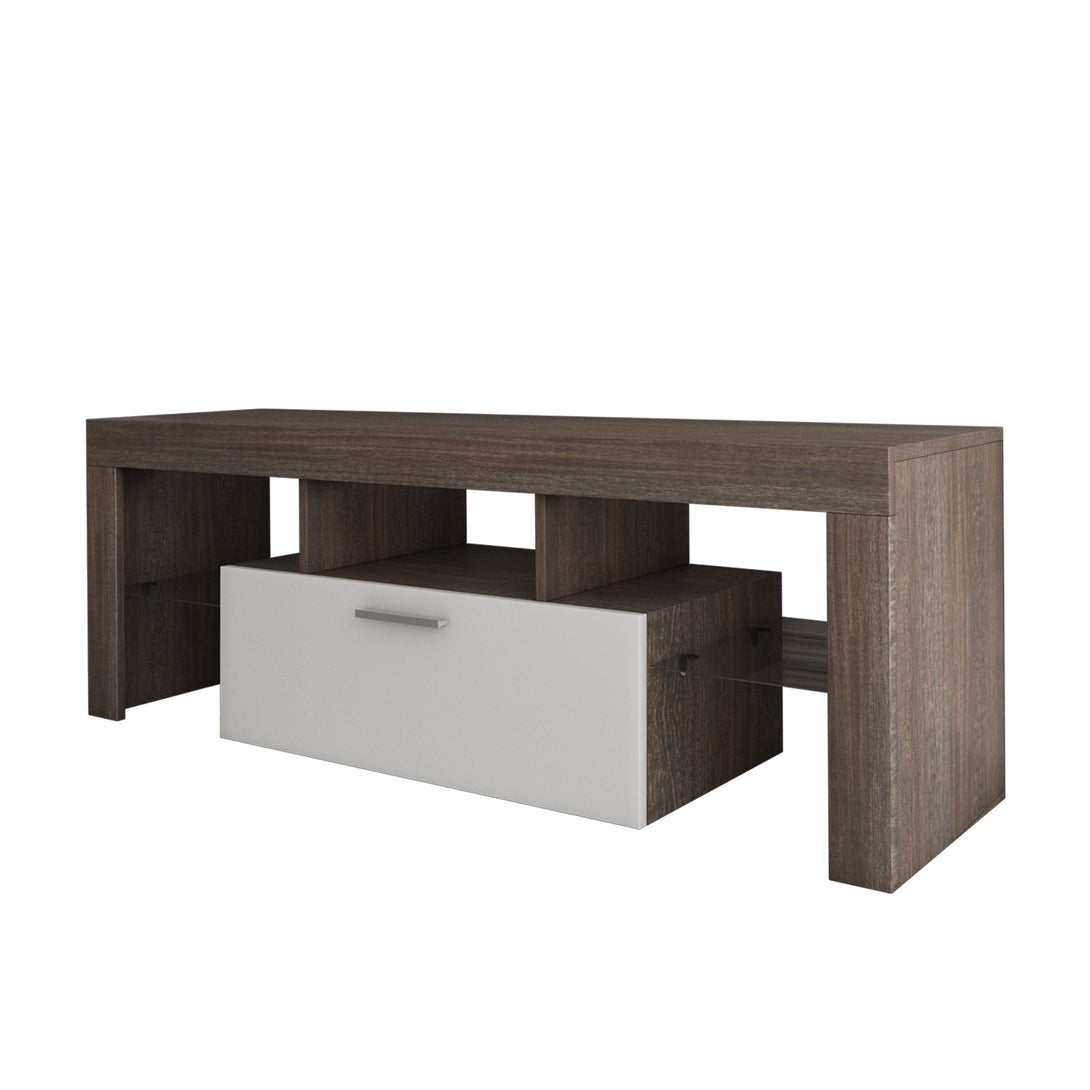 Easy and Quick Assembly Modern TV Stand with Toughened Glass Shelf- Brown+White_4