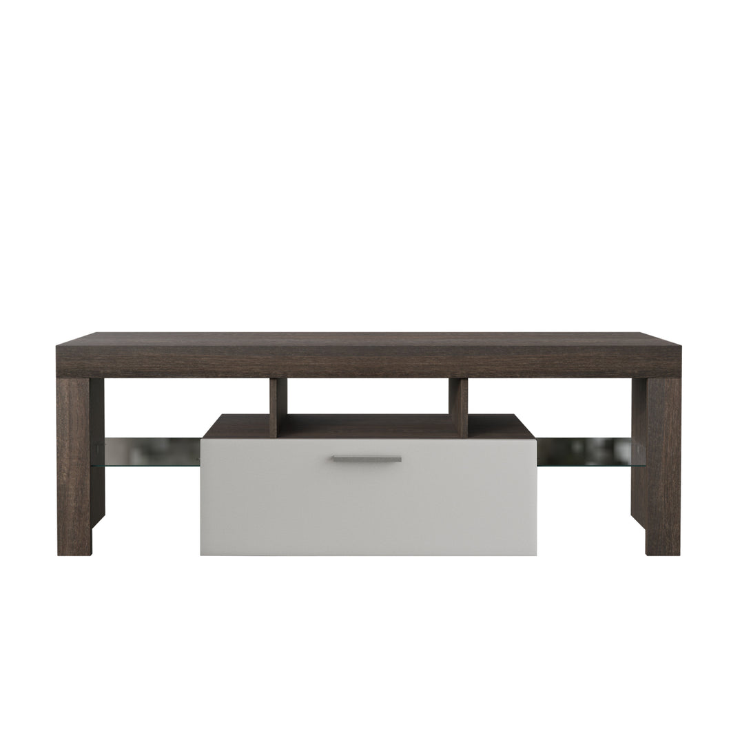 Easy and Quick Assembly Modern TV Stand with Toughened Glass Shelf- Brown+White_5