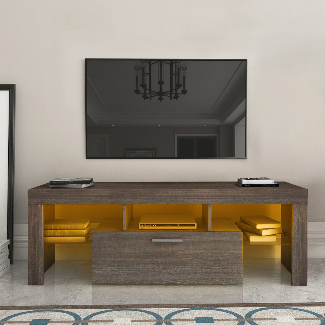 Easy and Quick Assembly Modern TV Stand with Toughened Glass Shelf- Brown_1