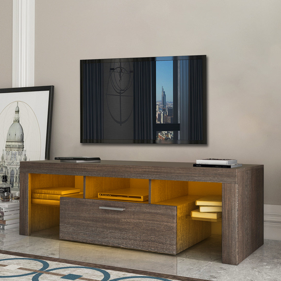 Easy and Quick Assembly Modern TV Stand with Toughened Glass Shelf- Brown_2