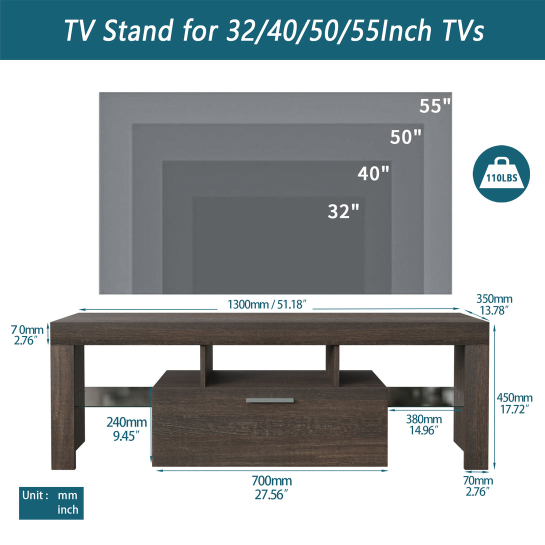 Easy and Quick Assembly Modern TV Stand with Toughened Glass Shelf- Brown_5