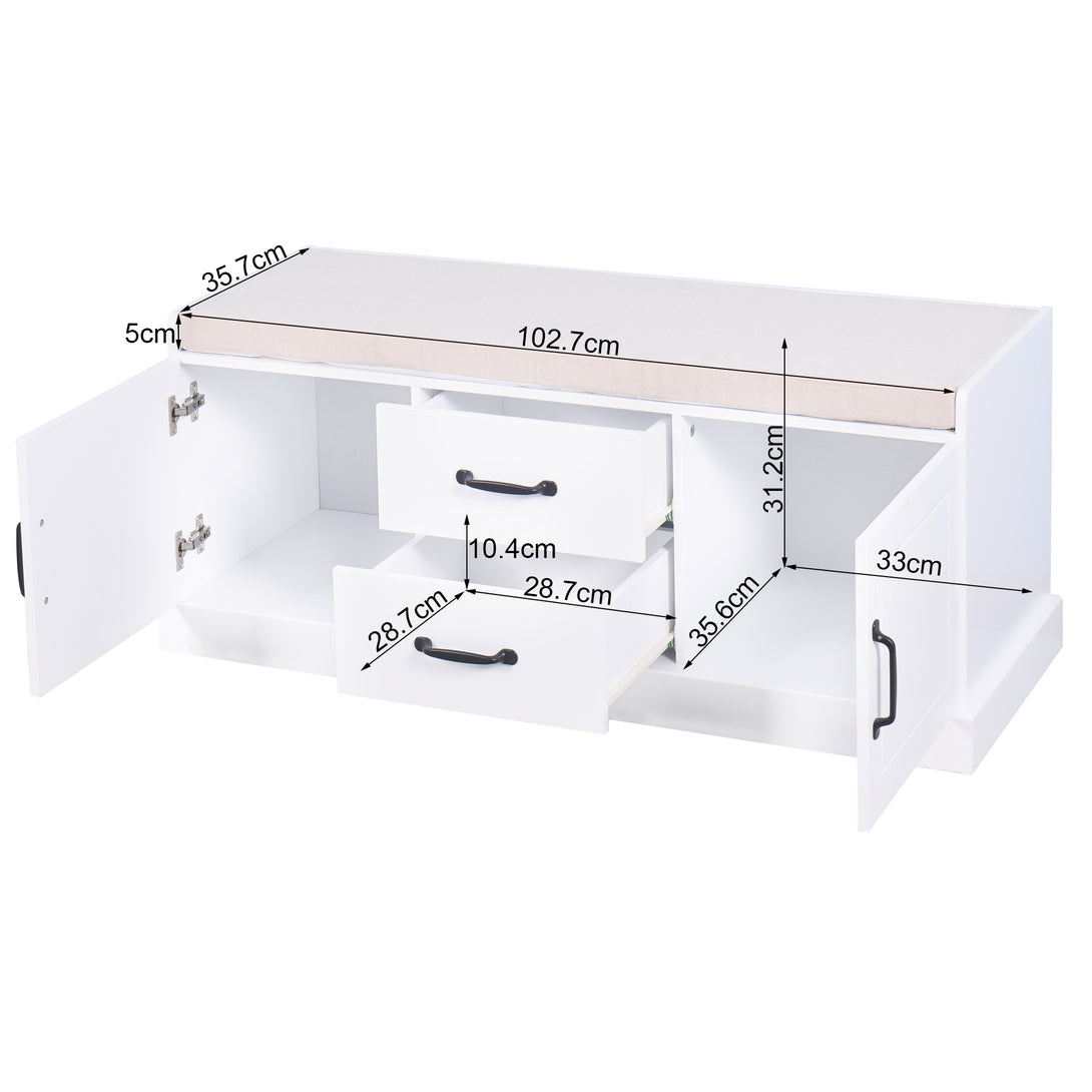 2 Doors 2 Cabinets Wooden Entryway Shoe Cabinet Storage Bench with White Cushion_3