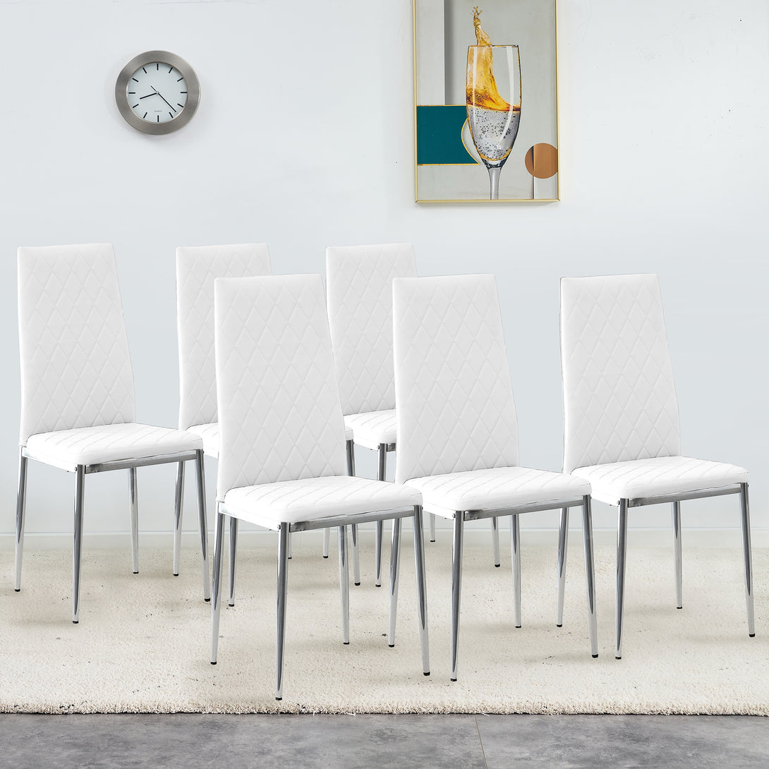 6pcs/set Grid Armless Faux Leather High Back Upholstered Padded Dining Chairs- White_2