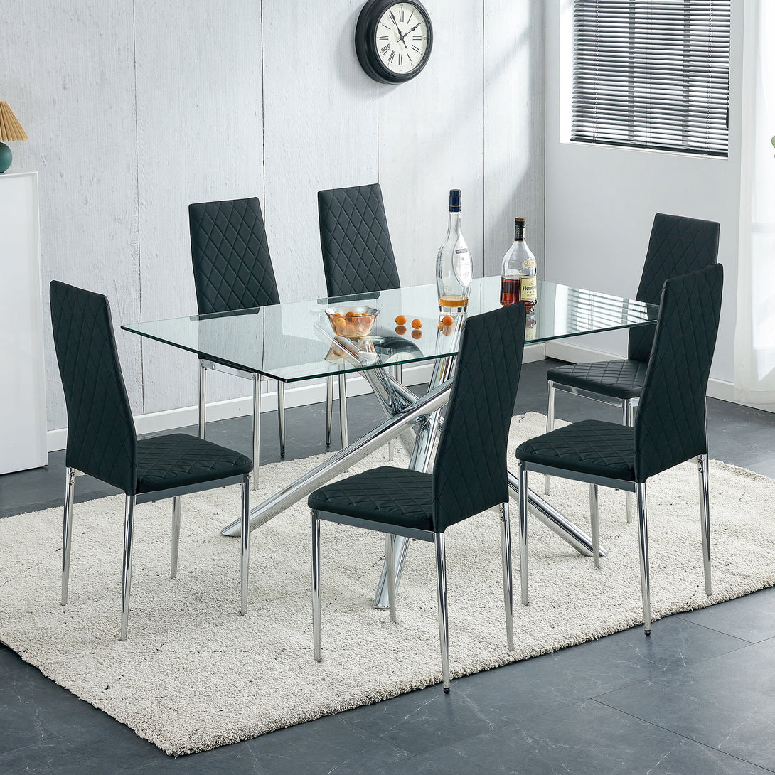 6pcs/set Grid Armless Faux Leather High Back Padded Dining Chairs with Metal Legs- Black_4