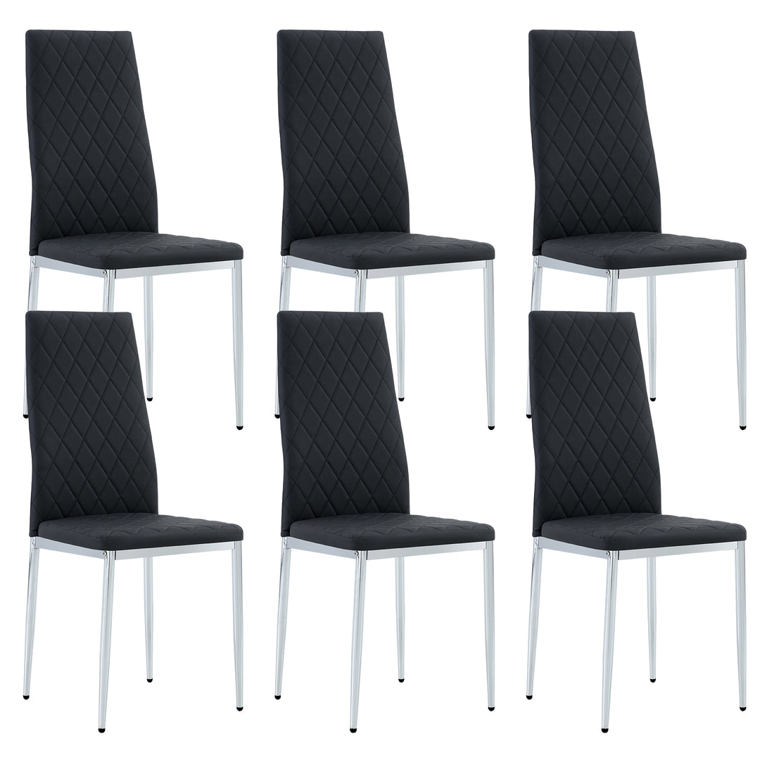 6pcs/set Grid Armless Faux Leather High Back Padded Dining Chairs with Metal Legs- Black_7