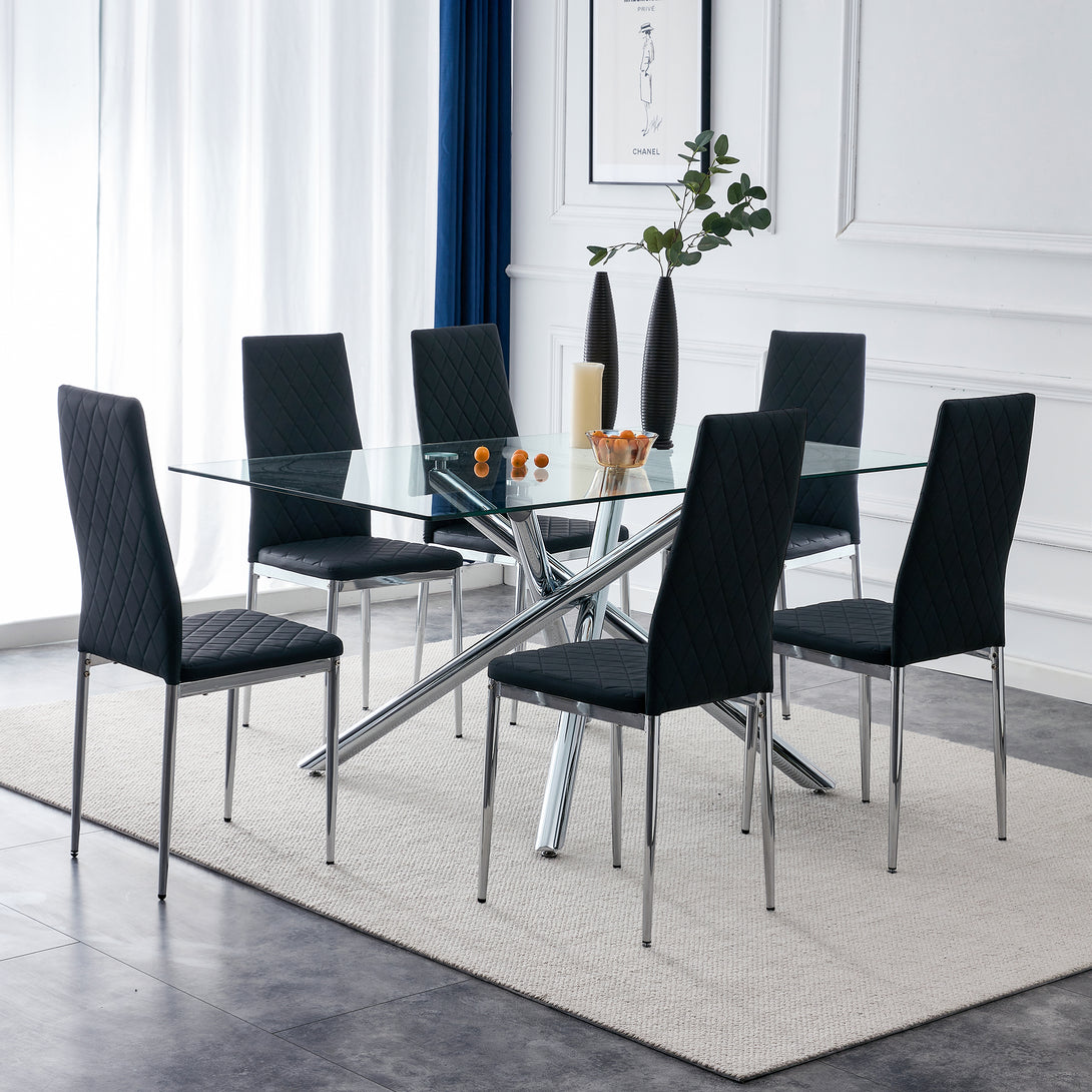 6pcs/set Grid Armless Faux Leather High Back Padded Dining Chairs with Metal Legs- Black_3