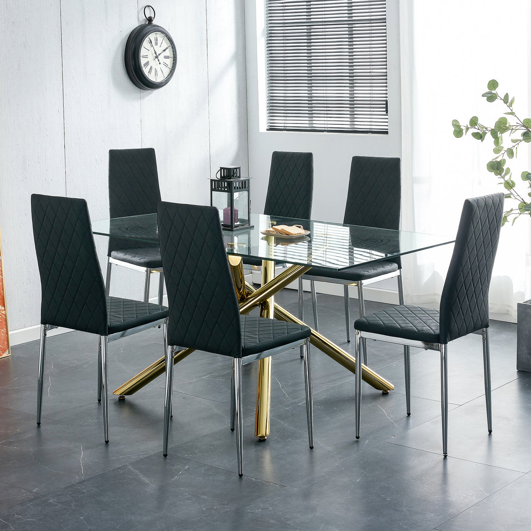 6pcs/set Grid Armless Faux Leather High Back Padded Dining Chairs with Metal Legs- Black_6