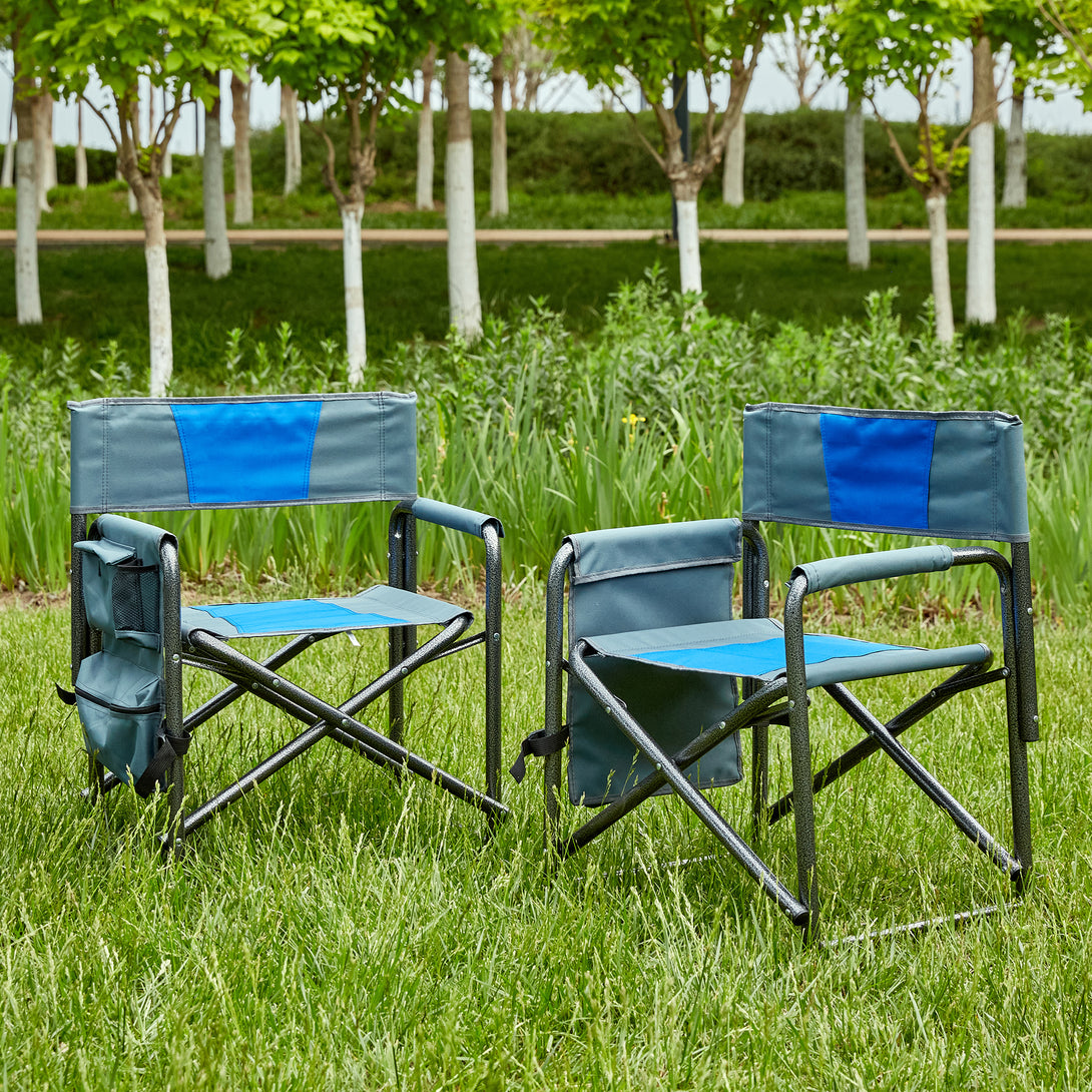 2pcs Padded Folding Outdoor Chair with Pockets Oversized Directors Chair- Blue+Grey_2