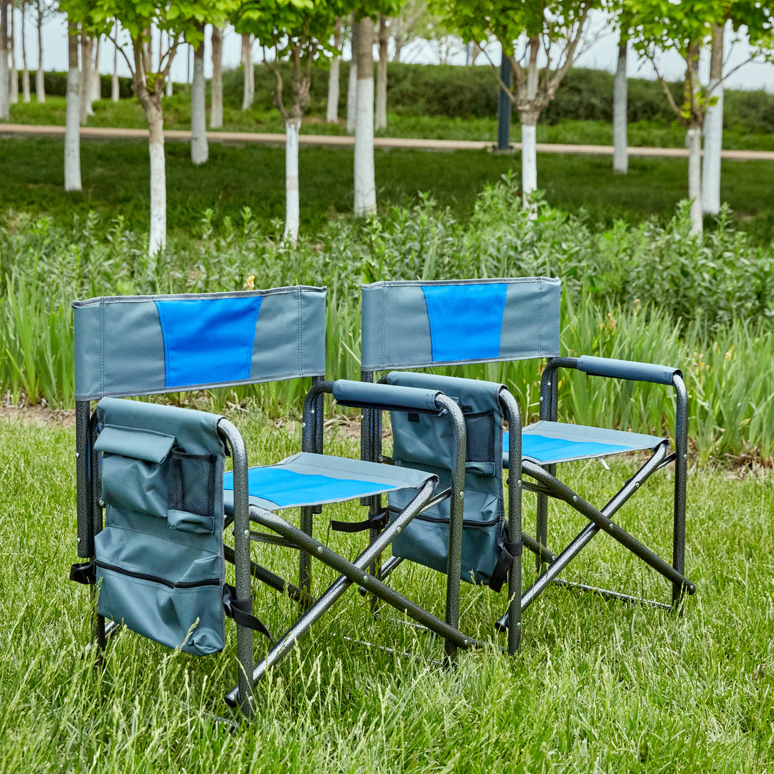 2pcs Padded Folding Outdoor Chair with Pockets Oversized Directors Chair- Blue+Grey_1